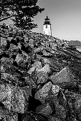 Newport Harbor Lighthouse Tower By Rocky Jetty -BW